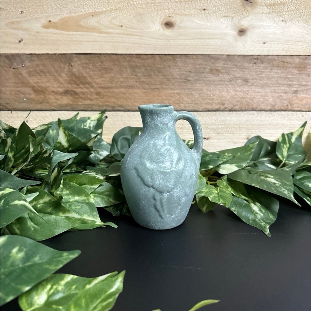 Ceramic Green Vase Jug Miniature Floral Painted Farmhouse Cottage Home Decor